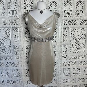 David Meister NWT Light Gold Metallic Sequin Fairy Core Cowl Neck Formal Dress